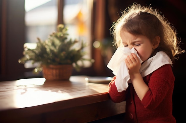 먼지 알레르기를 앓고 있는 어린 소녀