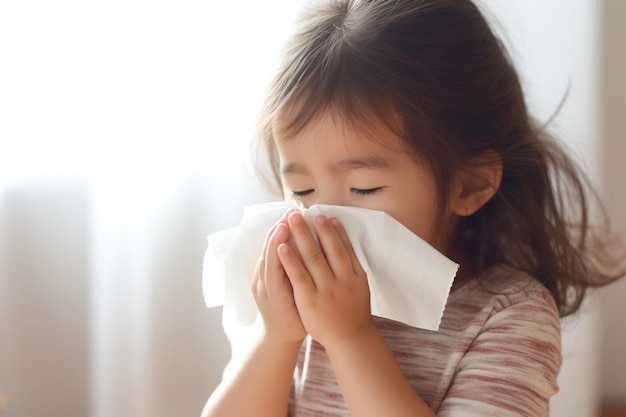 若い女の子は粉塵アレルギーに苦しんでいます