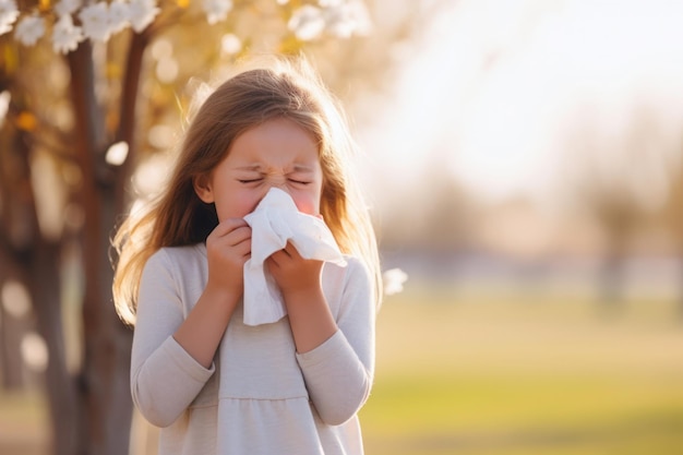 A young girl is suffering from a spring pollen allergy