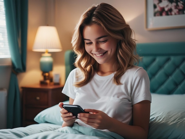 A young girl is texting on her phone and smiling while is laying down on the bed