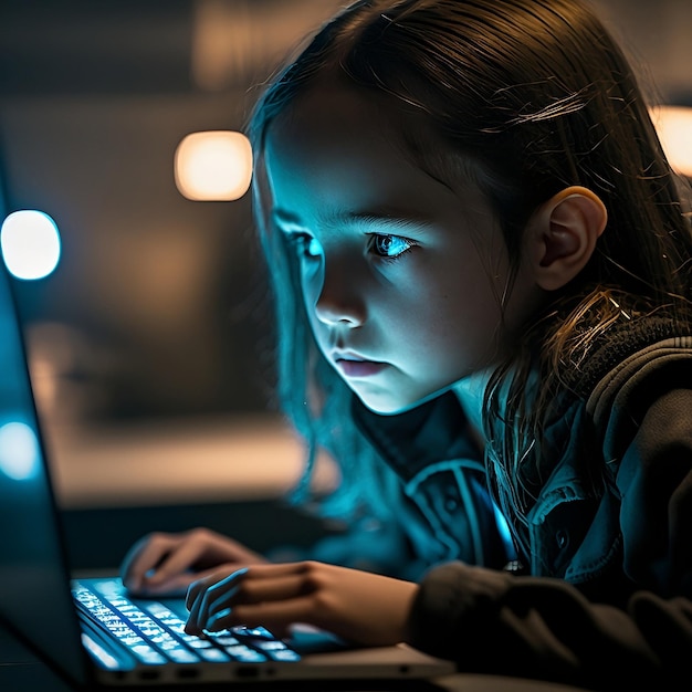 어린 소녀가 인공 지능을 사용하여 파란색 표시등이 있는 노트북을 사용하고 있습니다.
