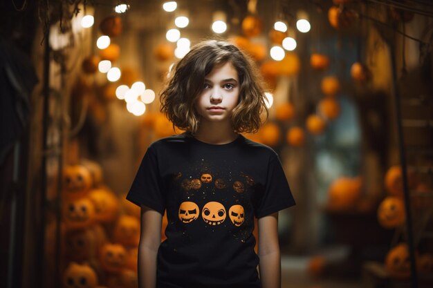 若い女の子がハロウィーンをテーマにしたTシャツを着ている