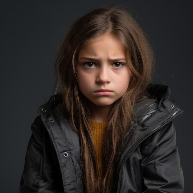 a young girl in a jacket looking at the camera