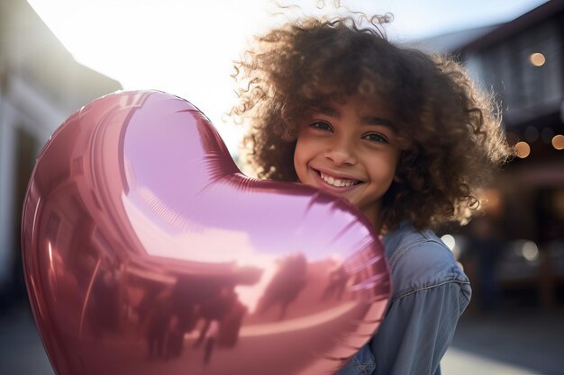 Photo a young girl joyfully holds a pink heartshaped balloon radiating love and innocence