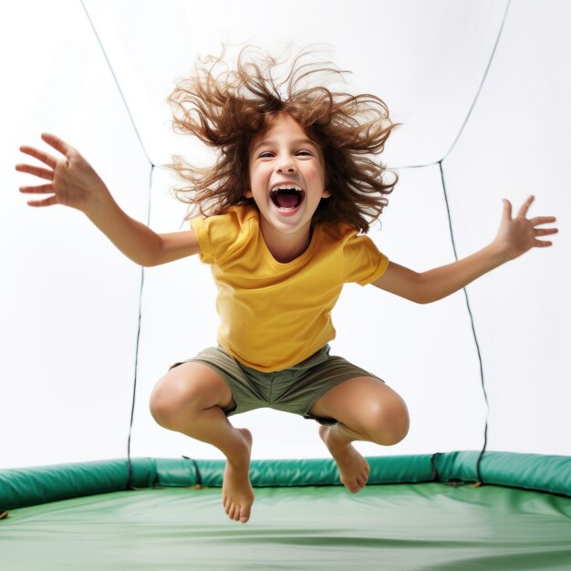 A young girl jumping on a trampoline with her arms up ai