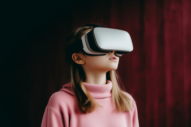 Young girl kid child european female student use computer technology girl vr headset virtual reality