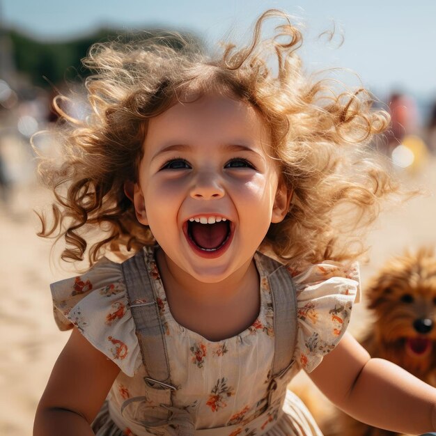 Young girl laughing behind a dog in lively seascapes