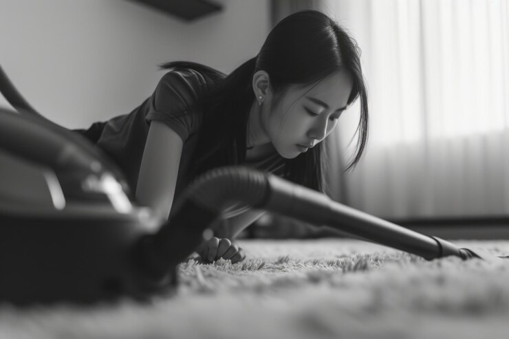 Photo 一個年輕的女孩躺在地板上用吸塵器 完美的插圖家務或清潔日常