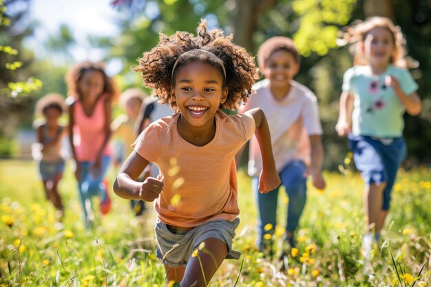 幼い女の子が花に満ちた草原を遊びながら走り抜け喜びのある子供の精神を体現しています