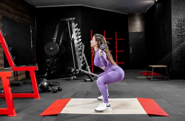 Young girl lifting weights in the gym.