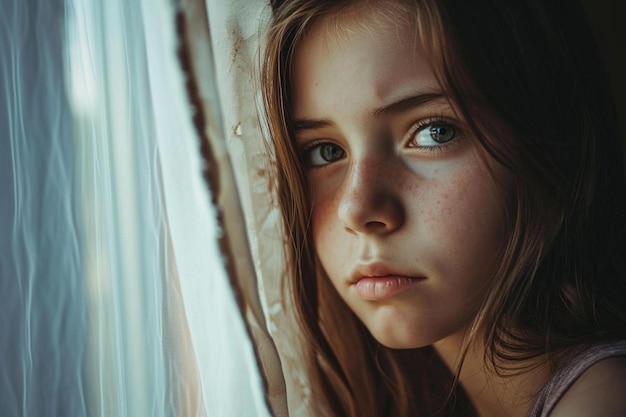 a young girl looking out of a window