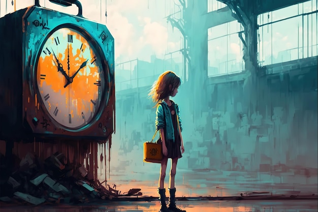 A young girl looks at a magical unusual clock