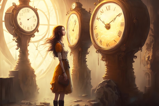 A young girl looks at a magical unusual clock