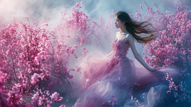 Young girl in a luxurious dress among blooming trees with pink flowers spring concept