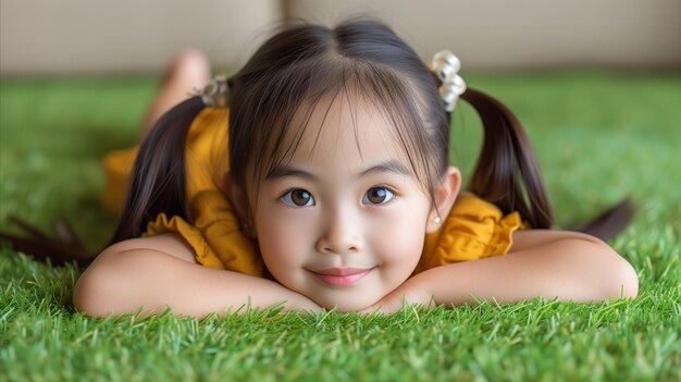 young girl lying on the carpet in the living room