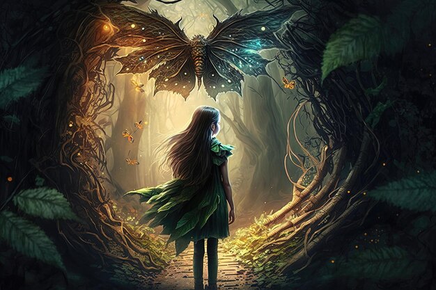 A young girl in a magical forest The forest is filled with tall trees and lush greenery creating a mystical and enchanting atmosphere Generative AI