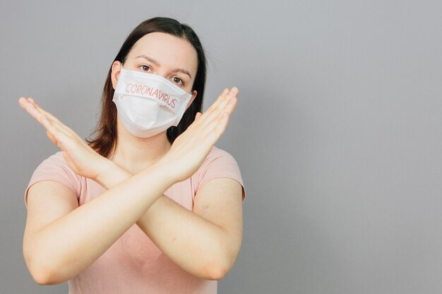 Young girl in medical mask with the text Coronavirus on a gray background. Pandemic, an epidemic in the world. Emotions