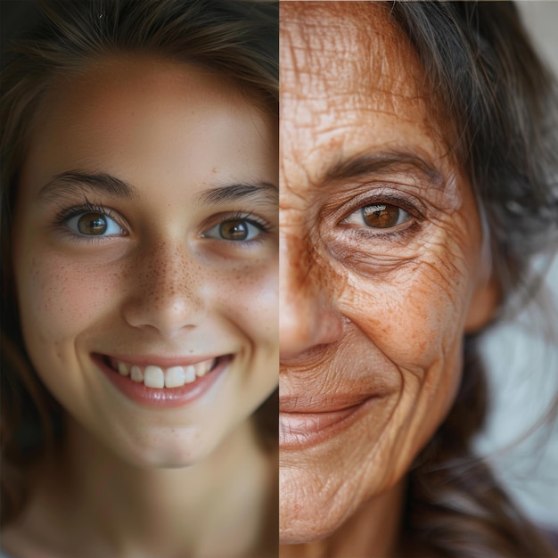 Young girl old woman and studio portrait of different faces for skin comparison and beauty of aging