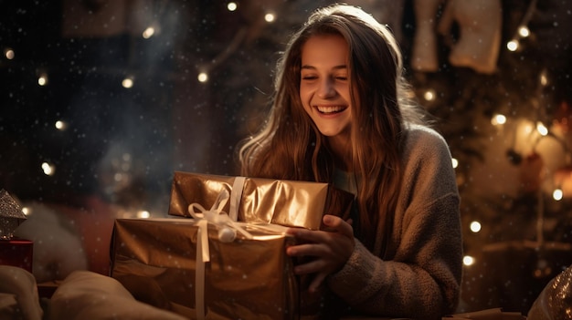 A young girl opening her present