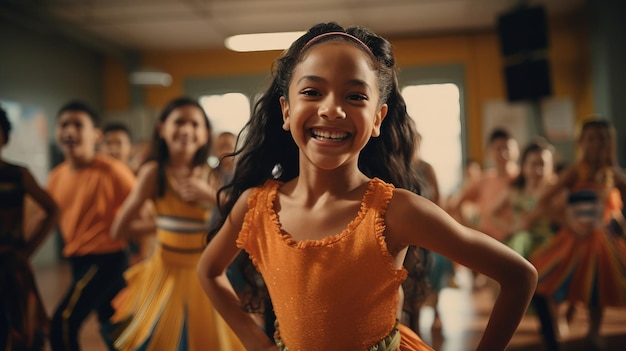 Young Girl in Orange Dress Standing With Group of Dancers Hispanic Heritage Month