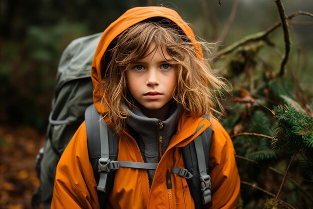 Young girl in orange jacket with backpack hiking through scenic mountain wilderness trails