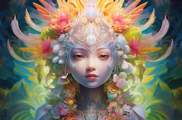 パステル調の色とりどりの花の冠をかぶった若い女の子 サイケデリック アート ジェネレーティブ AI