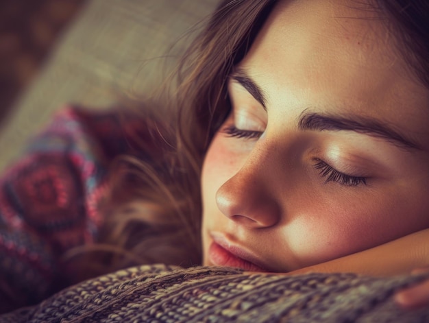 A young girl peacefully laying down with her eyes closed lost in a state of relaxation and tranquility