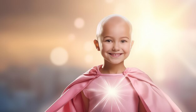 Photo young girl in pink superhero costume world cancer day concept