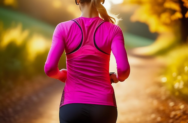 A young girl in a pink tracksuit runs along a path in the park Morning jog Closeup view from the