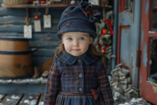 Young Girl in Plaid Coat and Hat