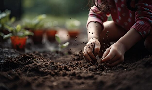 Young Girl Planting The Seeds Into The Dirt generative AI