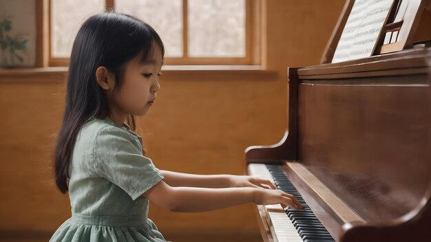 写真 若い女の子がピアノを弾く 背景はとてもクール