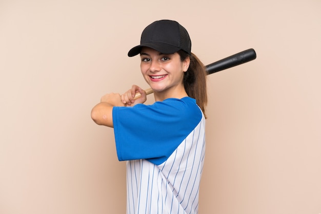 Young girl playing baseball over isolated