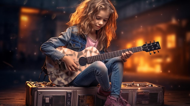 Photo a young girl playing box guitar