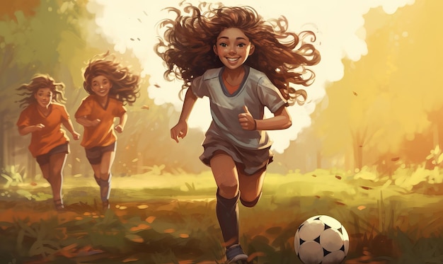 A young girl playing football with her friends displaying her skills and love for the game