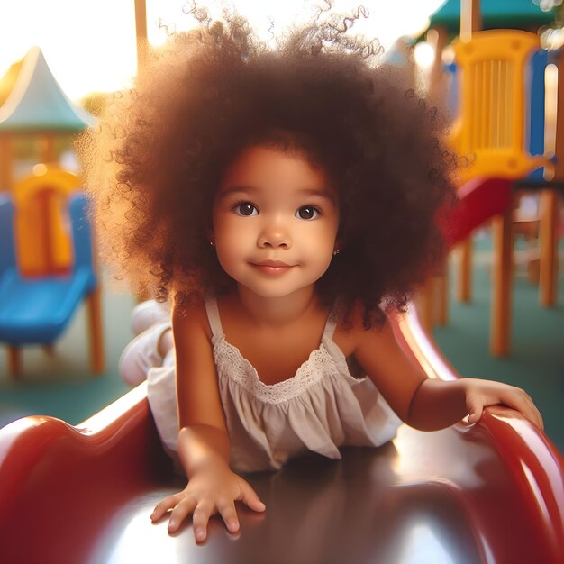 Young Girl Playing on a Slide at a Sunny Playground Park