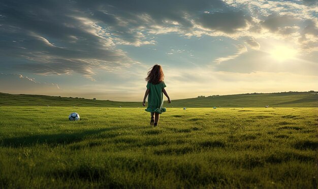 Photo a young girl playing soccer on a green field in the style of