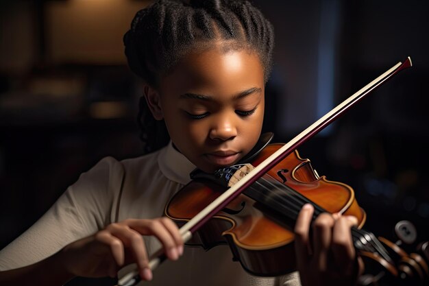 A young girl playing a violin in a dark room