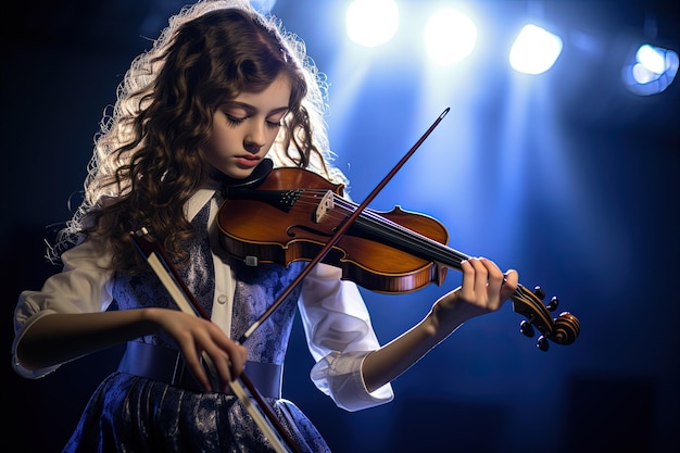 A young girl playing a violin on stage