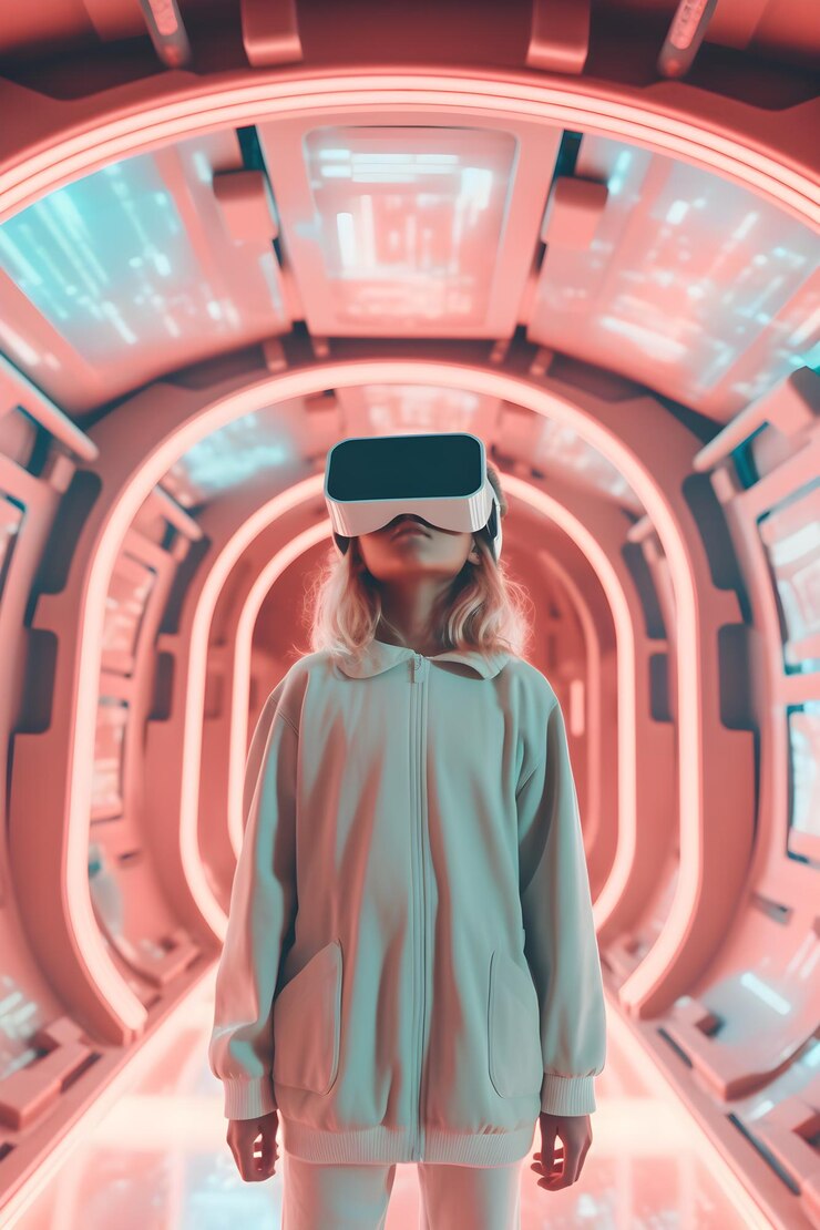 Молодая девушка играет в VR-очки в помещении Тенденция цифрового поколения Розовый дизайн плаката