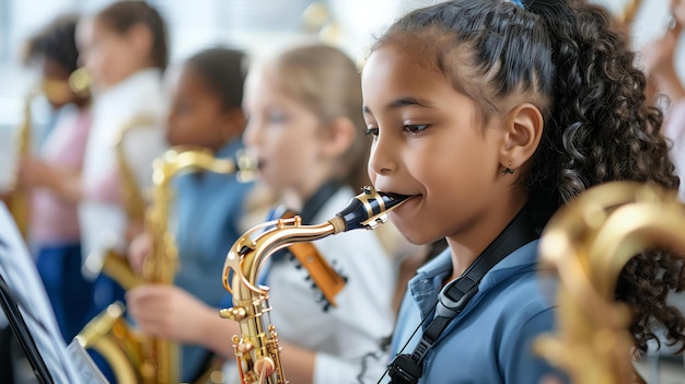 少女は学校のバンドでサクソフォンを弾き音楽に集中し楽しんでいます