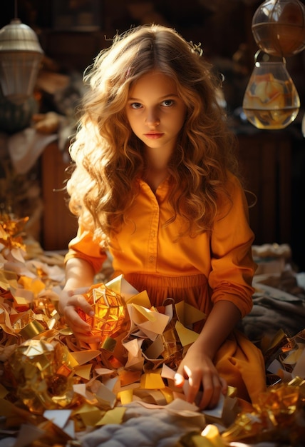 young girl plays with puzzles