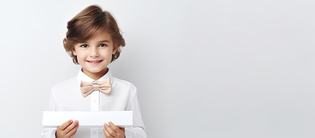 Photo young girl pointing with a smile on a white background symbolizing advertising education and good ideas