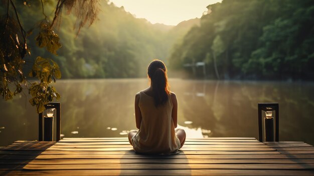 Young girl practice yoga on wooden pier with a view on lake and beautiful landscape Generative AI