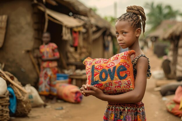 Photo a young girl presenting a handsewn pillow to her mother with love embroidered on it in bright threads