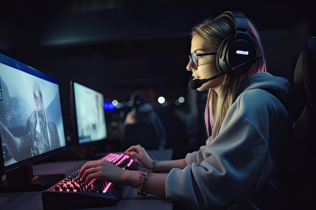 Молодая девушка профессиональных игроков онлайн-игр Концептуальный турнир кибер-эспорт