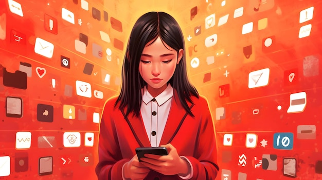 A young girl pupil school girl in school uniform stands on a pastel background looking at smartphone surrounded by apps and messaging Device addiction Generative Ai