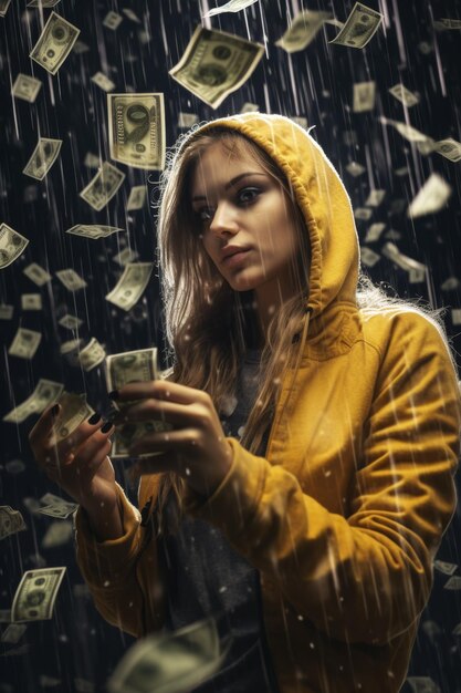 young girl under the rain of money Generative AI