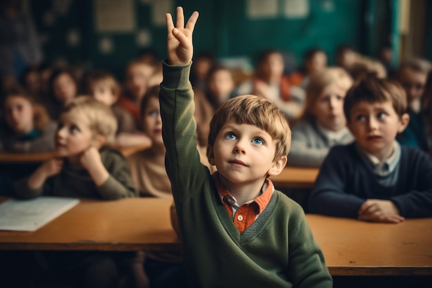 Молодая девушка поднимает руку в классе.