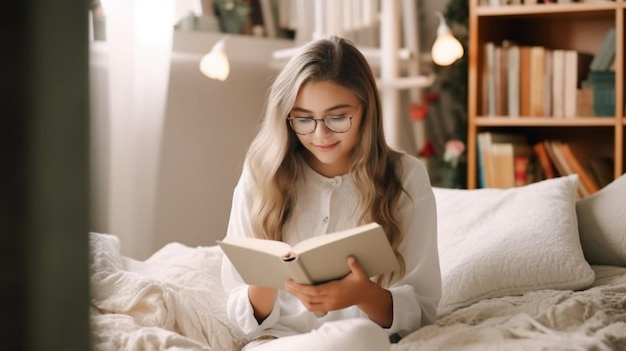 Фото Молодая девушка читает книгу в комнате